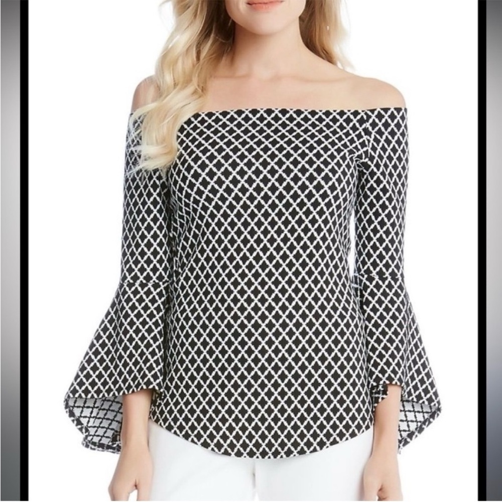 NWT Karen Kane Black & White Diamond Blouse Fitted Bell Sleeves Boat Neck Medium